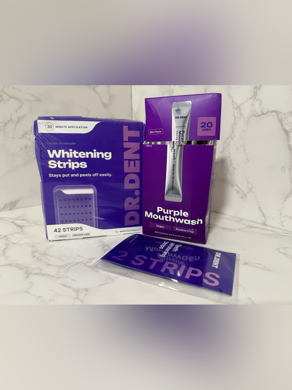 DR DENT Teeth Whitening Bundle Strips Kit + 18 Purple Mouthwash Sachets Open Box